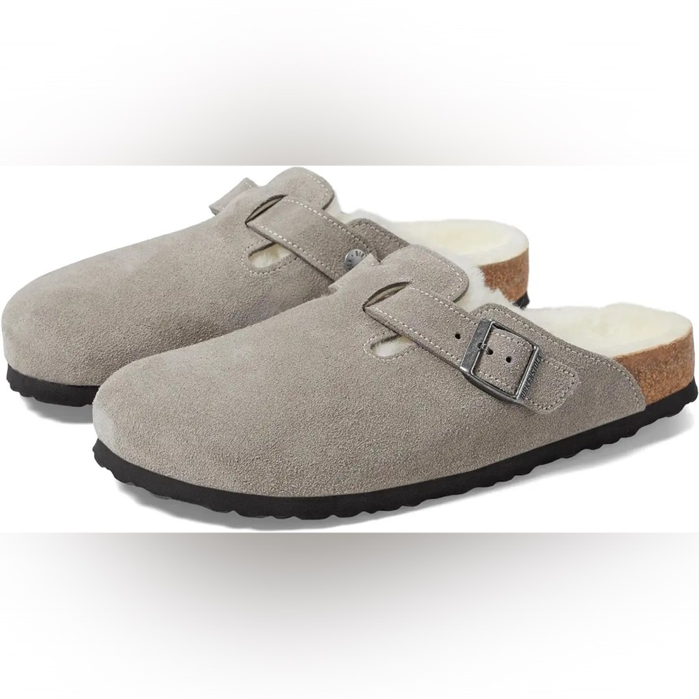 Birkenstock Boston Shearling NIB Suede Slip-Ons Stone Coin Gray - Size 38
